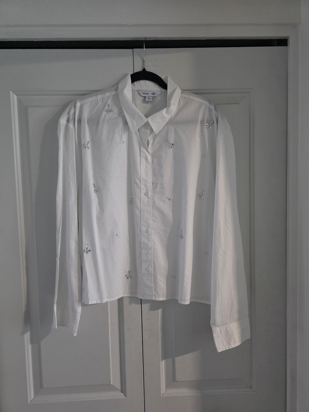 Old Navy White Button-Down Shirt with Subtle Crystal Embellishments